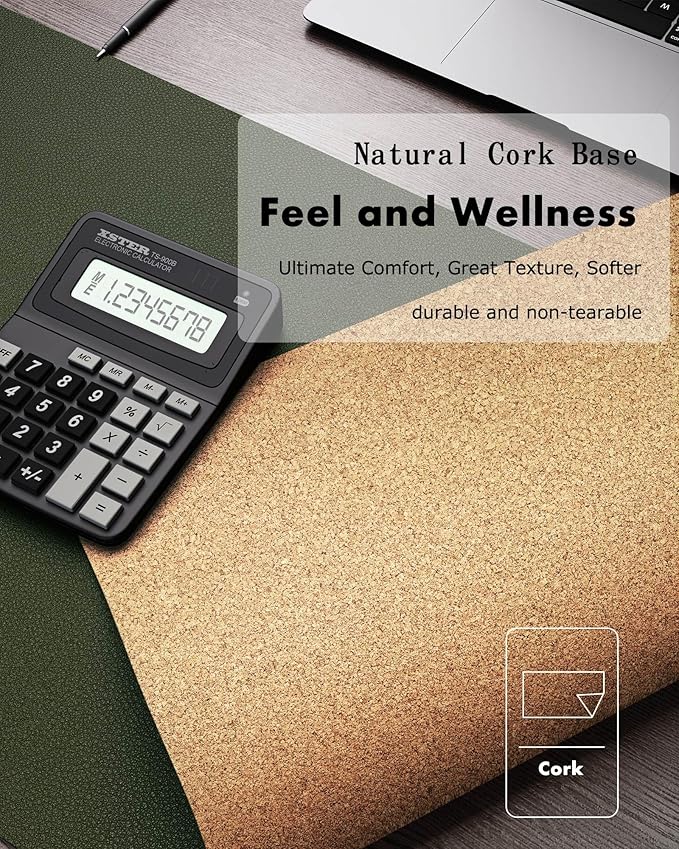 YSAGi Double-Sided Desk Pad, 23.6"x13.7" Leather Desk Mat, Eco Cork Desk Pad Protector, Large Mouse Pad for Desk, Waterproof Desk Blotter Pad, Desk Writing Pad for Office Work/Home(Dark Green/Cork)