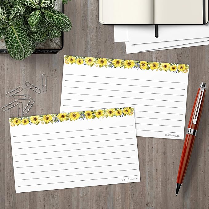 321Done Sunflower Index Cards - Made in USA - Small 3x5 (Set of 50), Narrow-Ruled Lined Notecards Double-Sided, Thick Heavy Duty Cardstock, Cute Pretty Sun Flowers Floral on White Ruled Lines