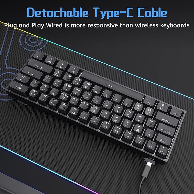 DIERYA 60% Mechanical Keyboard, DK61se Wired Gaming Keyboard with Blue Switches, LED Backlit Ultra-Compact 61 Keys Mini Office Keyboard for Windows Laptop PC Gamer Typist（Black）