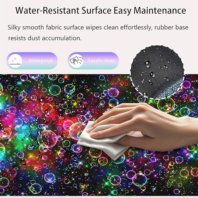 knseva. Large Gaming Mouse Pad with Stitched Edges, Vibrant Rainbow Bubbles and Stars, Anti-Slip Rubber Base & Smooth Fabric Surface XXL Extended Desk Mat