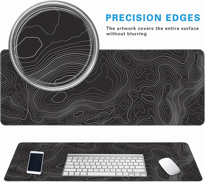 Minimalist Topographic Map Mouse Pad - Contour Extended Large Stitch Edge Mousepad Black & White Non-Slip Gaming Desk Mat 31.5x11.8inch