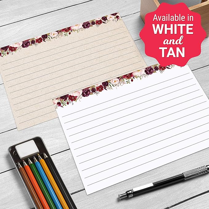 321Done Floral Ruled Index Cards - Made in USA – Small 3x5 (Set of 50), Narrow-Ruled Lined Notecards Double-Sided, Thick Heavy Duty Cardstock, Cute Pretty Flowers Red Roses on White Note Cards Lines
