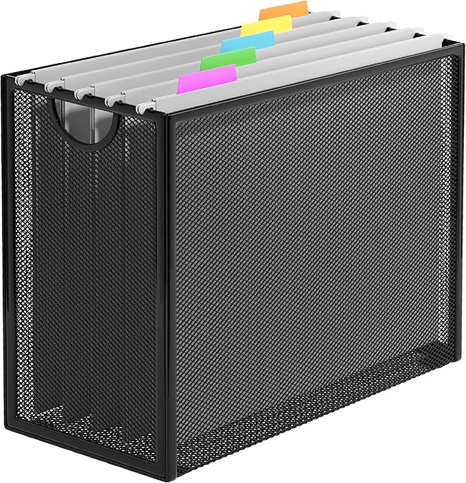 Hanging File Organizer, Letter-Size File Holder Filing Box with 5 Hanging Folders, Metal Mesh Desk File Folder Storage(No Assembly Required) (with 5 Grey Folders)