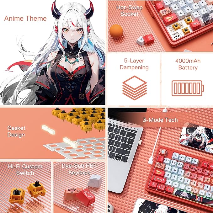 Redragon K673 PRO SE 75% 81 Keys Wireless Gasket RGB Gaming Keyboard, 3-Mode Anime Mechanical Keyboard w/Hot-Swap Socket, Dedicated Knob Control & 5-Layer Noise Dampening, Custom Hi-Fi Linear Switch