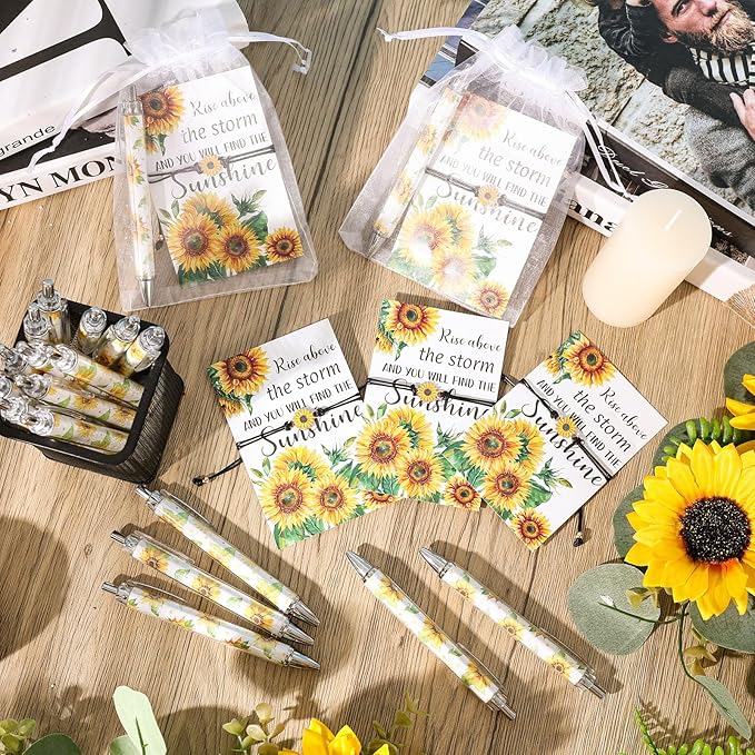 24 Sets Sunflower Gifts Bracelets Ballpoint Pens Bulk Sunflower Yellow Floral Theme Retractable Pens with Information Card Organza Bags for Women Men Office School Party Favors Supplies