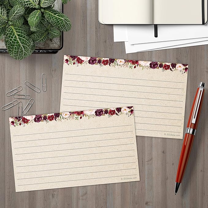 321Done Floral Ruled Index Cards - Made in USA - Small 3x5 (Set of 50), Narrow-Ruled Lined Notecards Double-Sided, Thick Heavy Duty Cardstock, Cute Pretty Flowers Red Roses Rustic Kraft Tan Notes