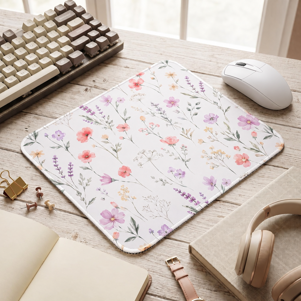 Floral mouse pad and white mouse beside keyboard