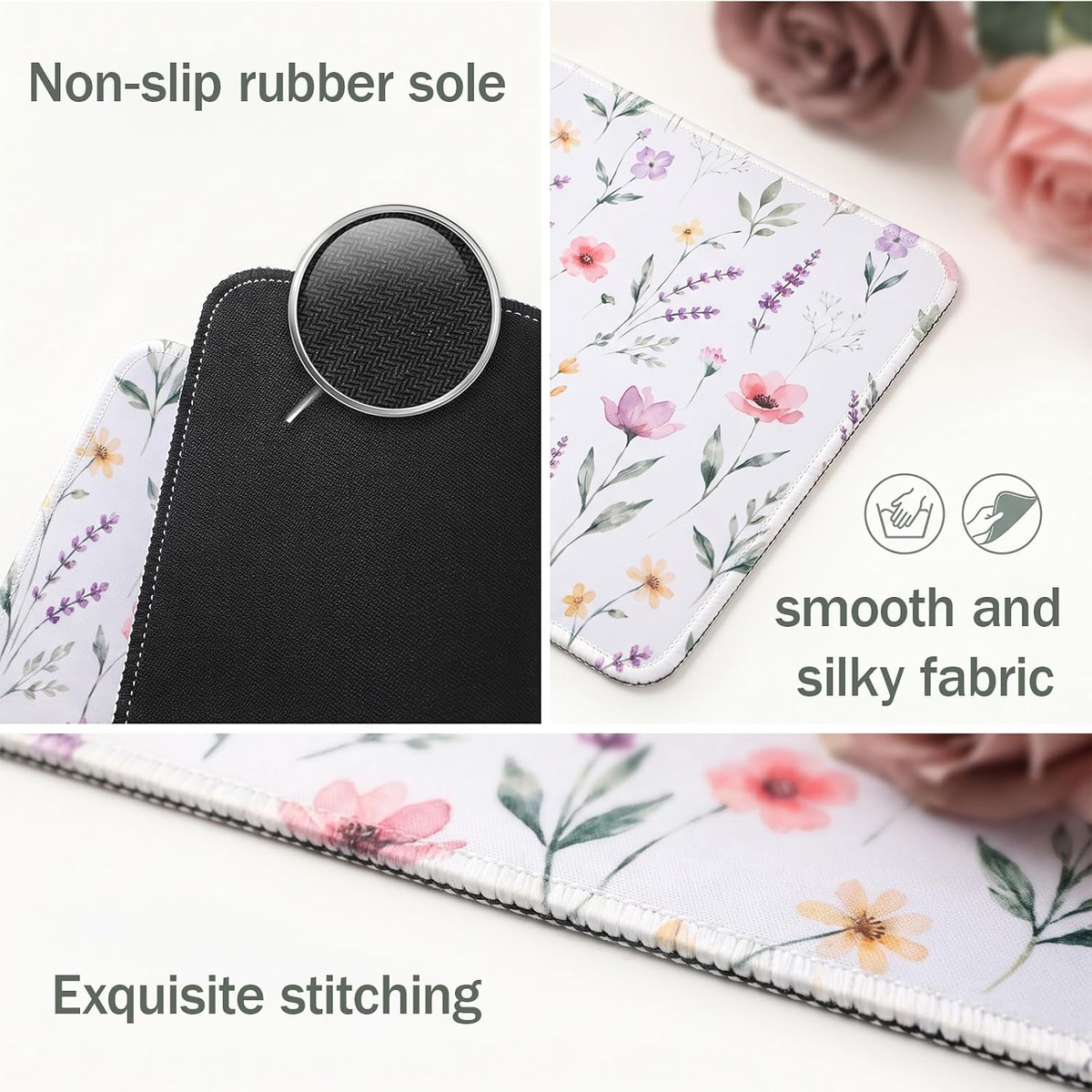 Floral mouse pad rubber backing and stitched edge details