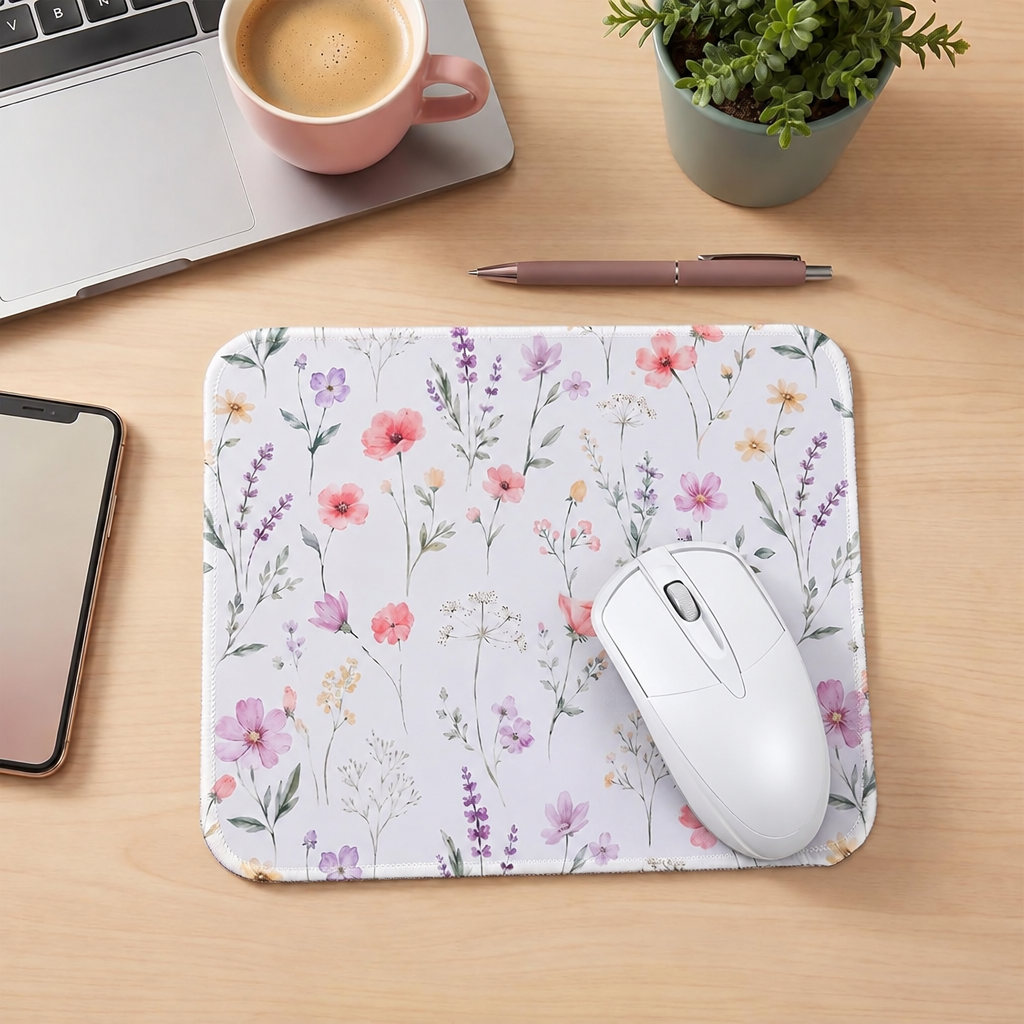 Floral mouse pad and white mouse on office desk