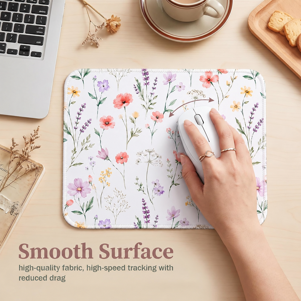 White mouse in use on floral mouse pad
