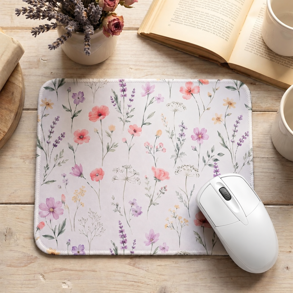 Floral mouse pad with white mouse beside books